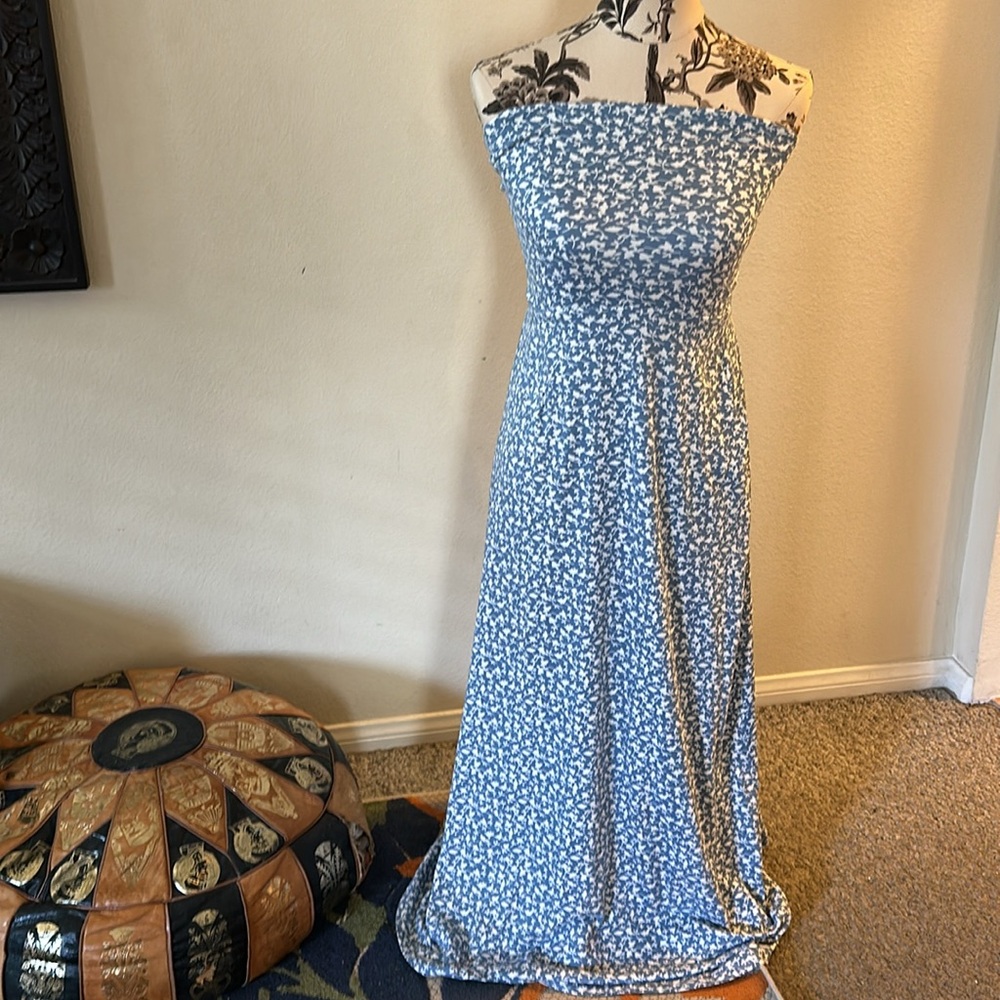 Strapless Stretch Floral Maxi Dress Light Blue and White